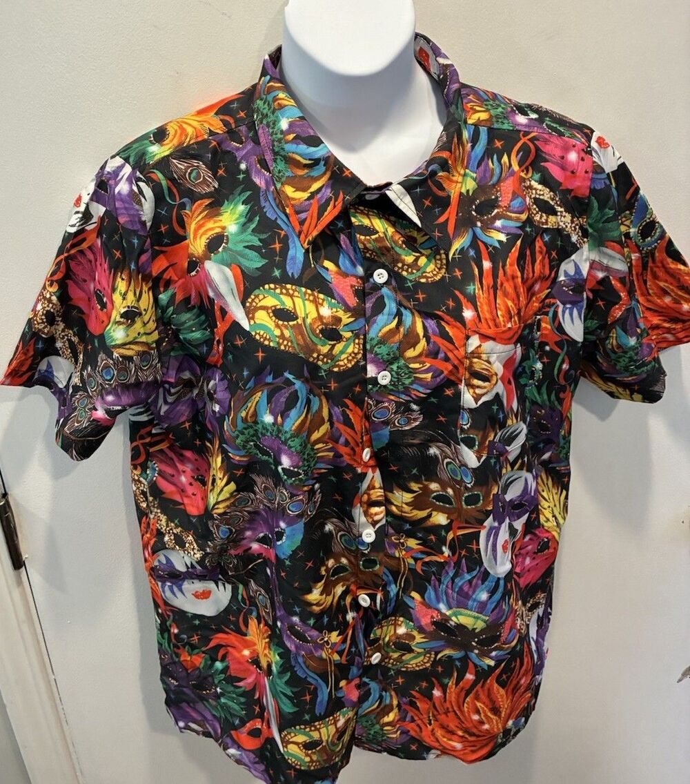 Arvil Hill Mens XL Mardi Gras Masquerade Mask Shirt Button Up Carnival Party